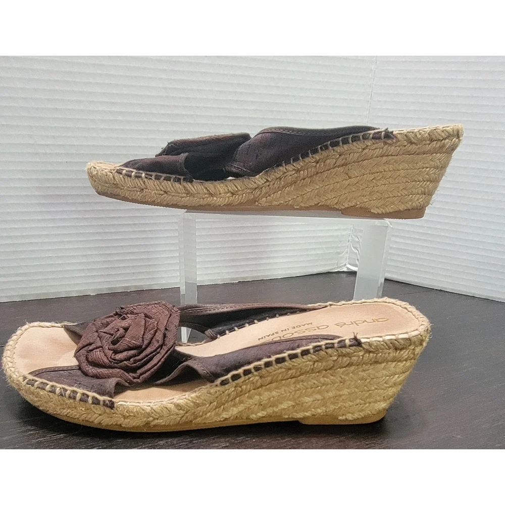 Andre Assous Brown Silk Flower Espadrille Wedge Sandals Size 10